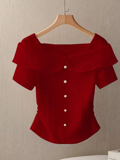 GlowEve 女士针织条纹纹理拼接红色纽扣装饰奢华法式时尚白色短袖上衣夏季