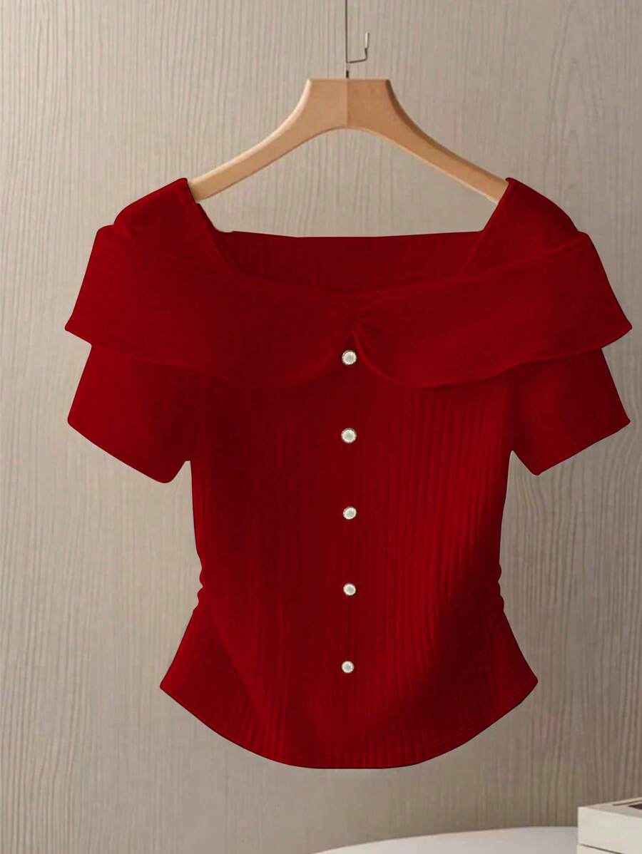 GlowEve Women's Knit Striped Texture Splicing Red Button Decor Luxurious French Chic White Short Sleeve Top For Summer - Red - View 1
