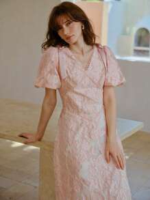 MOTF PREMIUM V-NECK JACQUARD KNOT MIDI DRESS - Pink - View 8