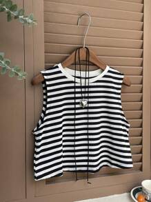SHEIN EZwear Striped Crop Tank Top - Black and White - View 4