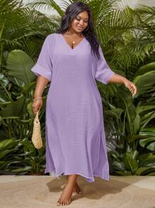 Slaydiva Plus Size Vacation Beach Solid Color Side Slit Cover-Up Dress For Summer - Mauve Purple - View 5