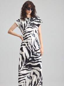 Ontre Vestido con estampado elegante y urbano, cuello redondo y mangas acampanadas, apropiado para otoño, Día del Maestro, Día de la Independencia, vestido largo, ropa de verano, material de crepé, vestido para ir a la oficina, nueva colección 2025