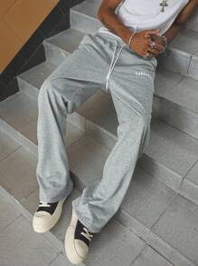 Manfinity Homme Men's Casual Sports Letter Graphic Drawstring Waist Sweatpants - Light Grey - View 3