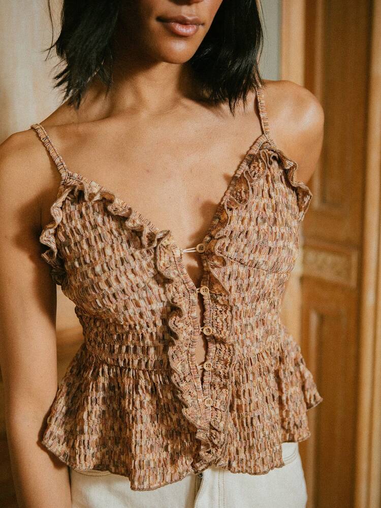 Light Brown Textured Cami Top With Ruffles And Front Button Detail Autumn Top Going Out Top Spring Summer