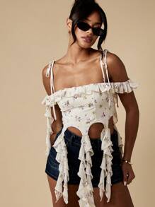 MISSGUIDED 花朵荷叶边露肩紧身胸衣夏季节日上衣系带紧身胸衣派对场合短款上衣 - 彩色 - 查看 7