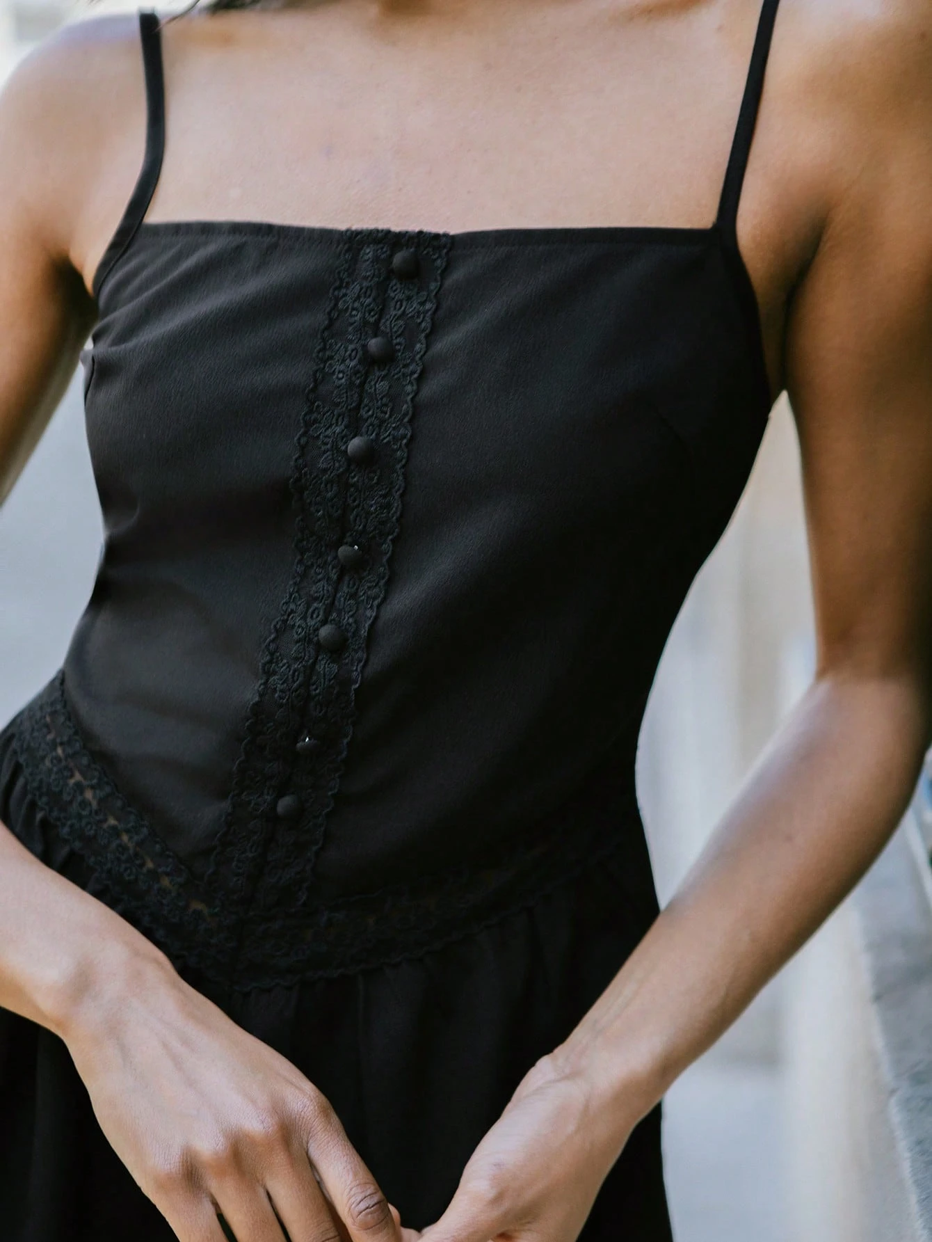 Elegant Black Loose Fit Romper With Lace Trim And Square Neck Going Out Outfits Spring Summer