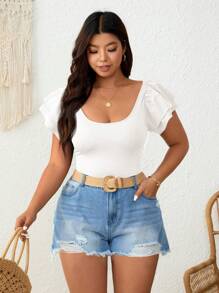 SHEIN Frenchy Bộ đồ liền thân tay ngắn tối giản trơn cỡ lớn cho nữ - trắng - Xem 4