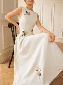 Aveloria New Spring/Summer High-End Quality Women's Dress, Slimming Effect Waistline, Rose Flower Embroidered Sleeveless Round Neck Maxi Dress, French Couture A-Line Flared Hem Long Gown, Elegant Retro Old Money Design, Suitable For Commuting, Vacation, Dating, And Business Occasions - White - View 1