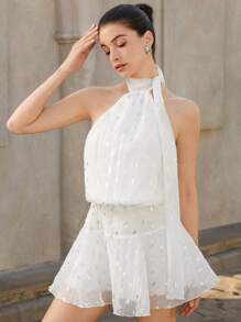 GENKIRA Váy ngắn nữ tính cổ đứng thanh lịch trẻ trung kiểu Pháp mới Thiết kế ren nhỏ Vai trễ eo Váy chữ A viền giả 2 mảnh Họa tiết chấm bi đặc biệt màu tương phản Vải voan ngắn cho nữ Váy ngắn - trắng - Xem 6