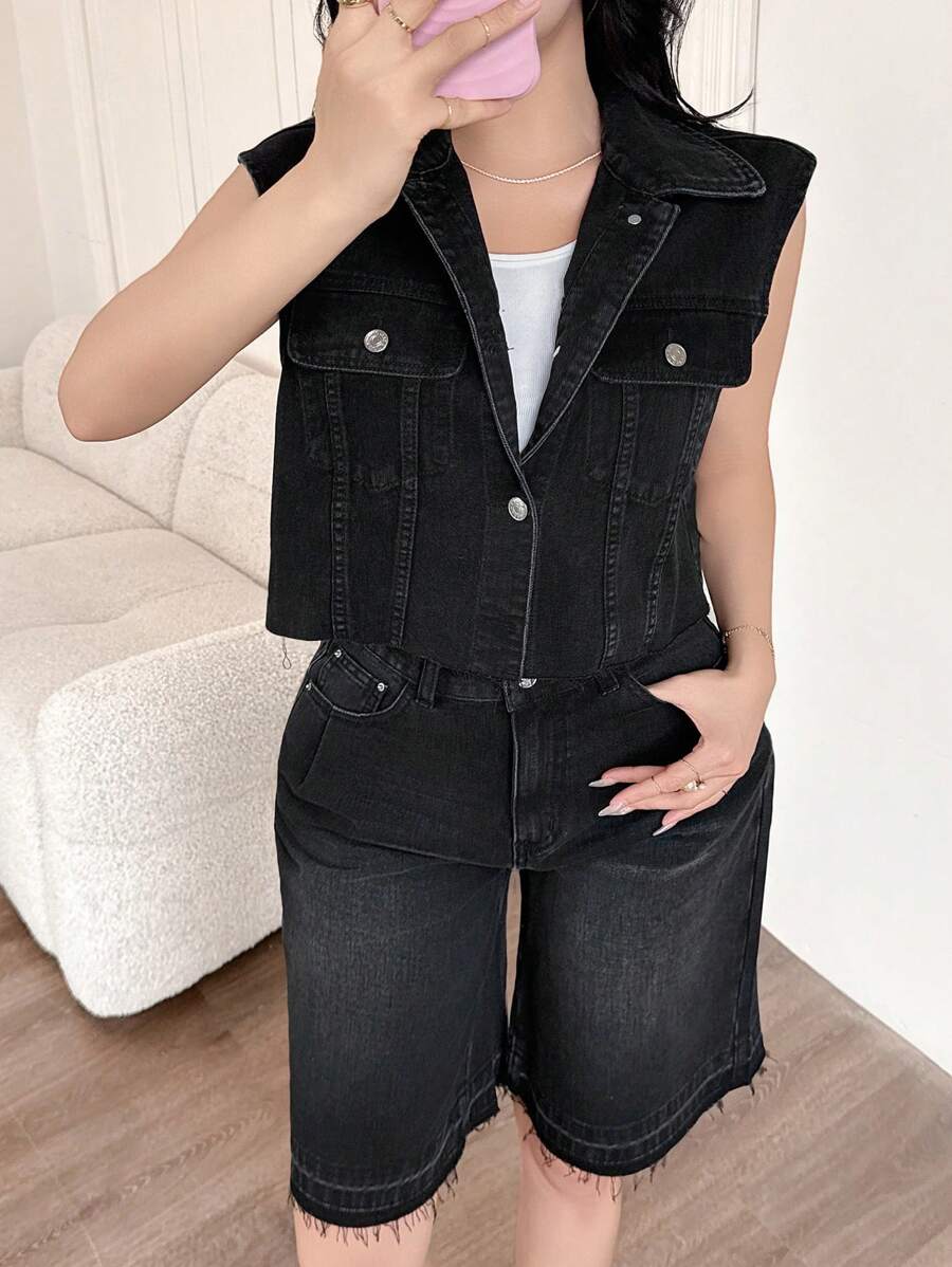 DAZY Women Street Style Denim Jacket And Shorts 2 Pieces Set, Spring/Summer - Black - View 1