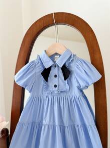 SHEIN Vestido de Manga Curta com Laço Fofinho e Babado para Bebê Menina, Estilo Escola de Verão