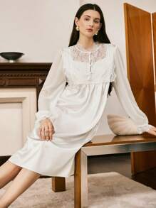 Moireta 法式优雅蕾丝缎面女士睡袍 - 白色 - 查看 5