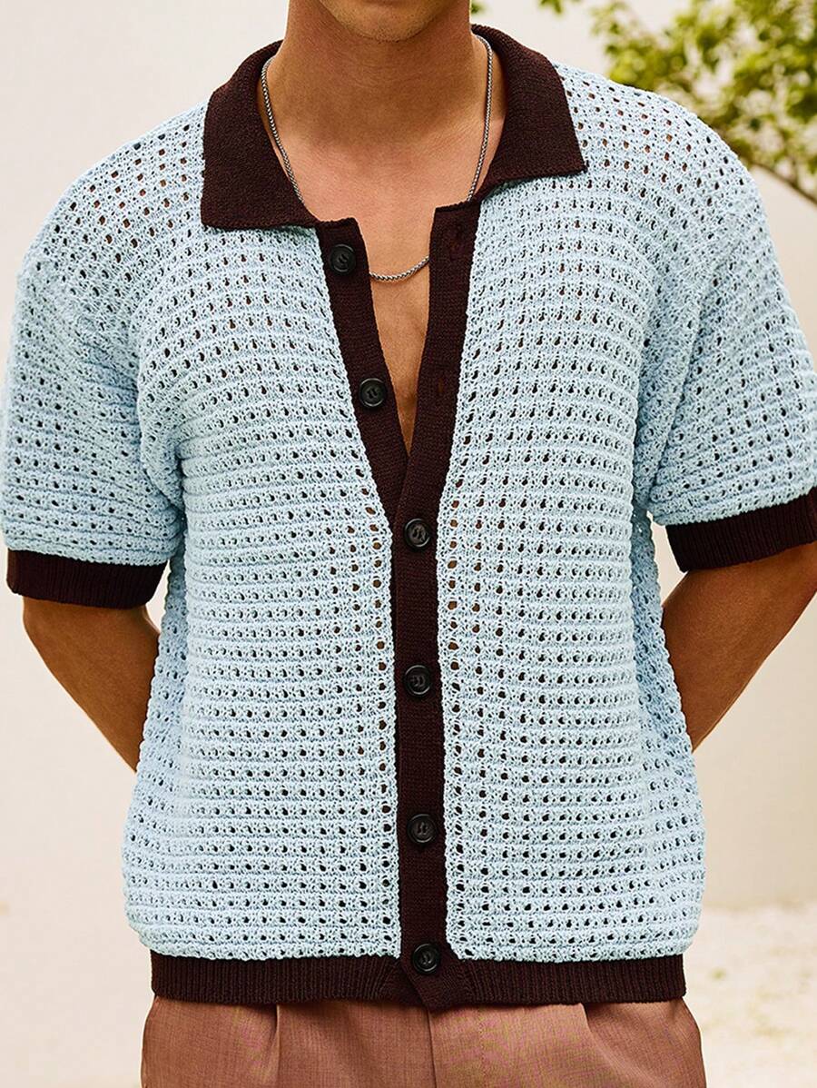 Manfinity Homme Men's Contrast Color Trimmed Front Button Casual Short Sleeve Knitted Top - Blue - View 1