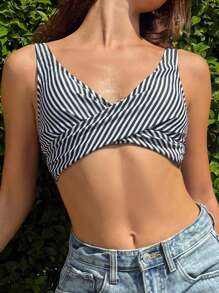 Swim Mod 1pc Women's Black & White Striped Printed Criss-Cross Front Swimwear Top For Summer Beach Vacation