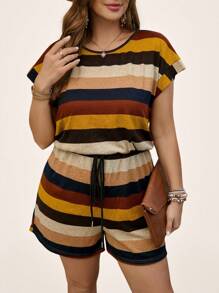 SHEIN LUNE Plus Size Feminino Verão Colorido Listrado Cintura Cordão Macacão Mulheres Roupas de Verão