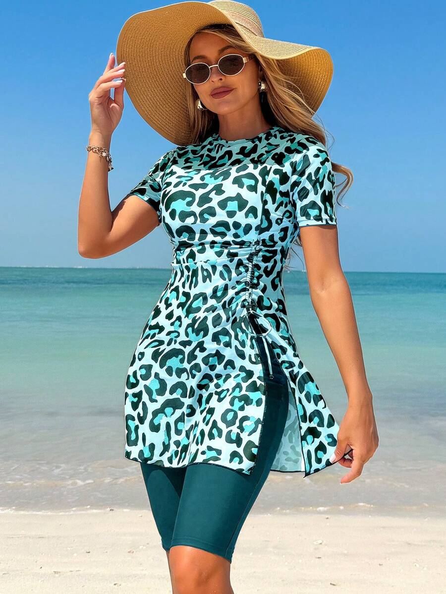 Swim Mulvari 2pcs Set Mulvari Spring Burkini Swimsuit Bikini Set, All Over Print Top & Classic Leopard Bike Shorts Combination For Summer Beach Vacation - Multicolor - View 1