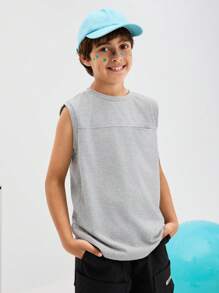SHEIN Tween Boys' Casual Minimalist Comfortable Round Neck Sleeveless Halter Top With Pocket