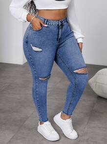 Slaydiva Zerrissene schwarze enge Jeans in Große Größen, bequem und dehnbar - Helle Waschung - Übersicht 4