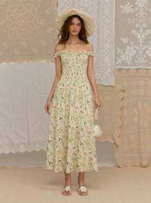 SHEIN MOD Plant Print Pattern Off Shoulder Ruffle Hem Long Dress