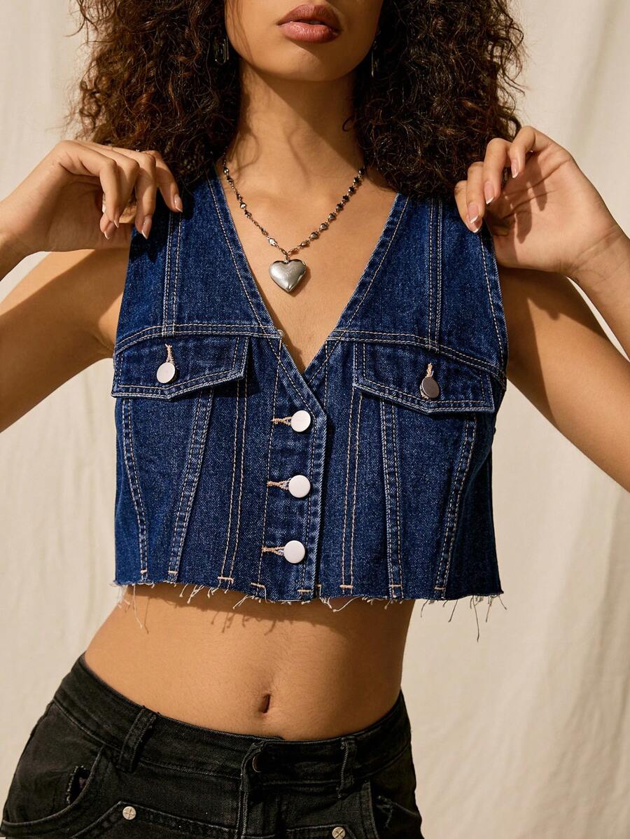 Easelle 女士纯色流苏边前扣 V 领无袖牛仔夹克和外套 - 藍色 - 查看 1