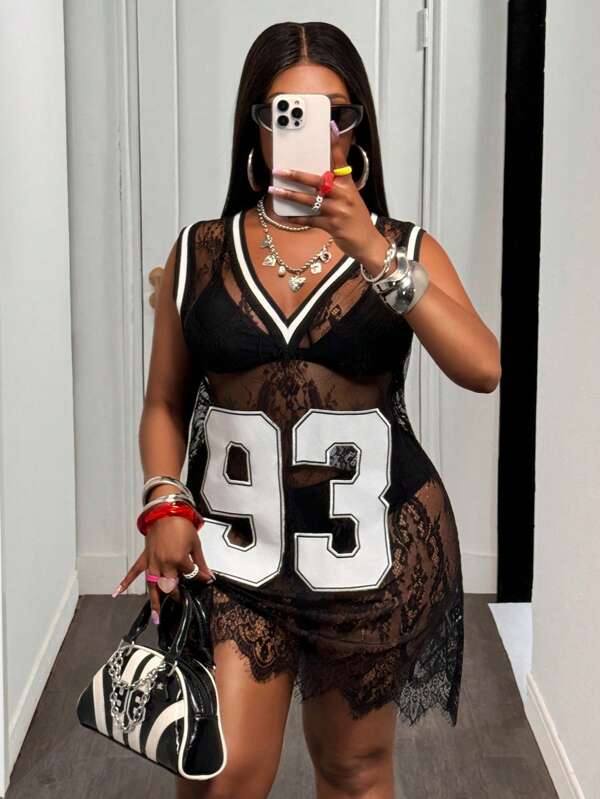 Slaydiva Rochie lungă pentru femei, mărime mare, 2025, primăvară/vară, stil stradal, sport, sexy, din plasă și dantelă, negru și alb, cu imprimeu numeric contrastant, decolteu adânc în V