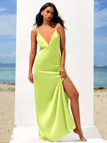 Opulessa 1pc Women's Elegant Solid Color Woven V-Neck Cami Maxi Dress - Green - View 5