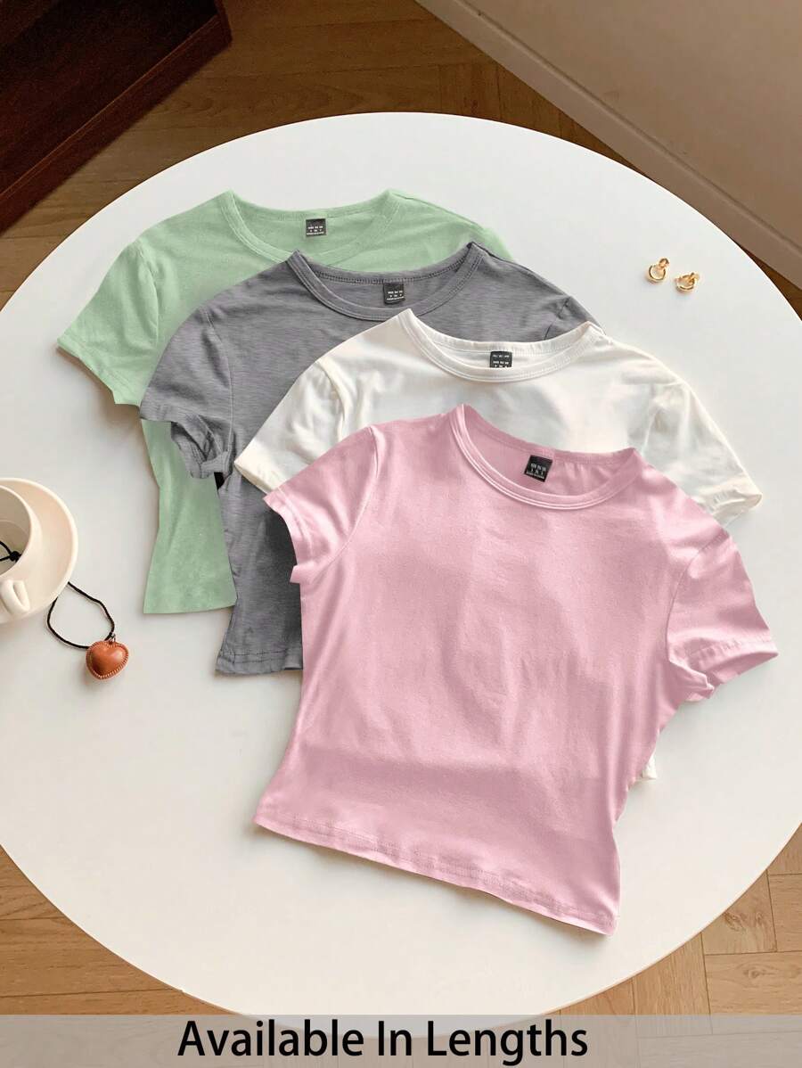 SHEIN Tall CURVE 加大码 4 件套纯色短款圆领短袖修身女式 T 恤,适合夏季 - 彩色 - 查看 1