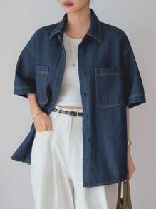 Dazy-Less 女士休闲商务宽松大口袋短袖牛仔外套