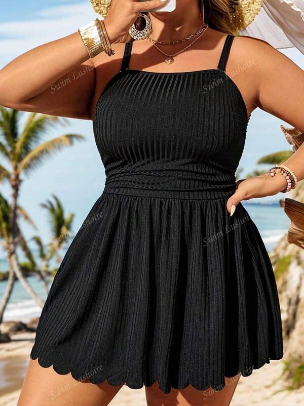Swim Lushoire Große Größen Sommer Einfarbiges Spaghetti-Träger-Schwimmkleid mit gewelltem Saum und Bikini-Unterteil, geeignet für Poolbekleidung