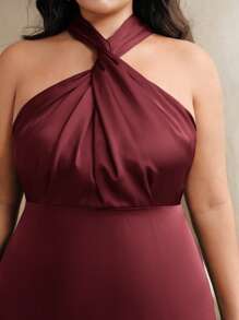 Anewsta 加大码优雅裹身式绿色褶皱腰连衣裙，搭配飘逸裙摆，高端修身休闲/度假/婚礼宾客连衣裙 - 中紫紅色 - 查看 5