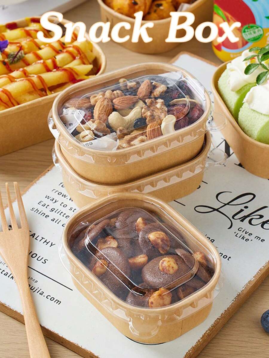 10pcs/20pcs/30pcs Disposable Snacks & Nuts Packaging Box, Kraft Paper Packing Box With PET Cover, Sturdy And, Restaurant Dedicated Packing Box, Student And Adult Lunch Box, Fruit Platter Packaging Box, Outdoor Picnic Packing Box
