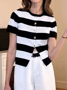 Pariaura French Casual Style Slim Fit Round Neck Short Sleeved Woolen Striped Waist Cinched Black And White Women's Spring And Summer Cardigans Women's Outdoor Tops