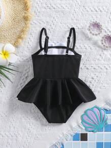 Baby Girl Floral Print Princess Style One-Piece Swimsuit - Black - View 2