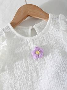 Girls Casual Cute Round Neck Sleeveless Ruffle Hem Textured Fabric Floral Vest Top And Elastic Waist Patterned Shorts Set - Purple - View 3