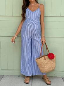 SHEIN 孕妇条纹阔腿吊带休闲连体裤，夏季夏季孕妇装孕妇夏季装女装夏季女装连体裤 - 藍色 - 查看 9