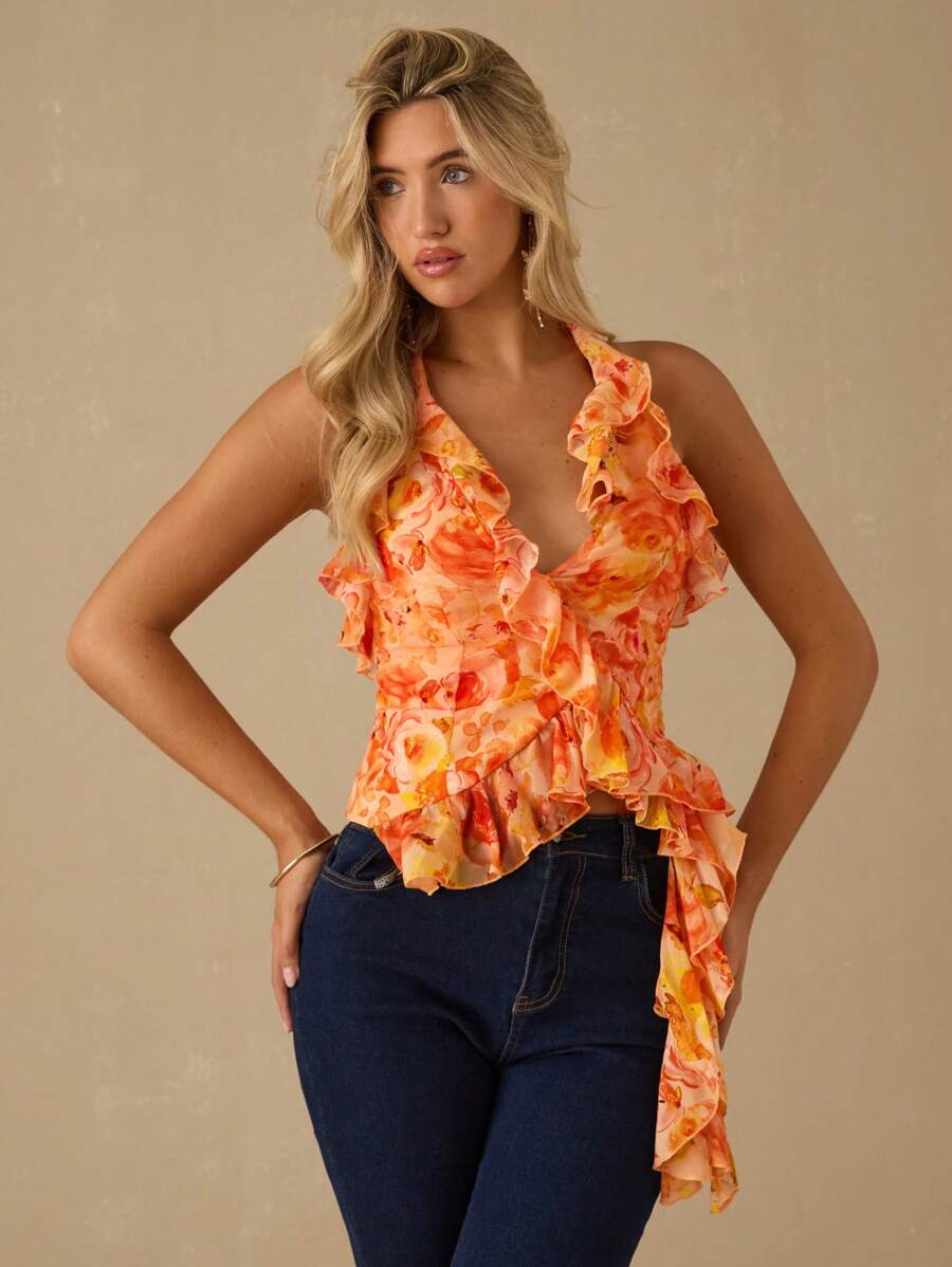 Enchnt Top casual de verano de mujer con volantes, cuello de halter y espalda descubierta con estampado total