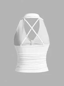 SHEIN ICON 复古性感 Y2K 女士黑色蝴蝶结扭腰镂空后背吊带上衣 - 白色 - 查看 2