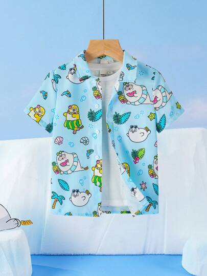 SEALOOK X SHEIN Young Boy Cartoon Seal Palm Tree Summer Beach Ocean Blue Casual Short Sleeve Shirt