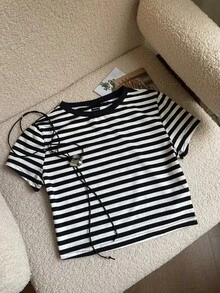 SHEIN EZwear Maglietta a righe - Bianco e nero - Visualizzare 4