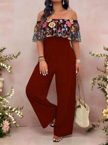 SHEIN Clasi Plus Size Multi-Color Embroidered Mesh Panel Texture Knitted High Waist Wide Leg Pants, Suitable For Commute, Vacation, And Casual Outings - Burgundy - View 1