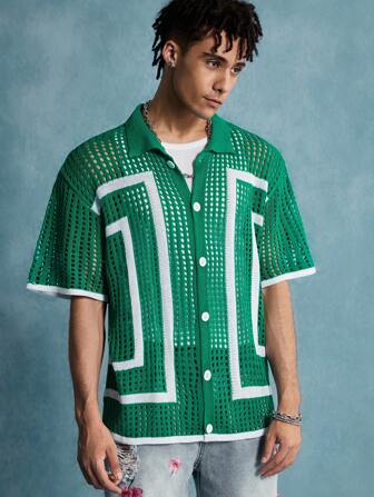 Street Life Cárdigan de estilo callejero con cuello de solapa, abierto al frente y diseño hueco para hombres
