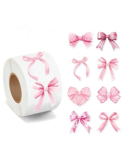 Kawaii 1 rollo de etiquetas adhesivas de lazo rosa, etiquetas adhesivas de garabatos