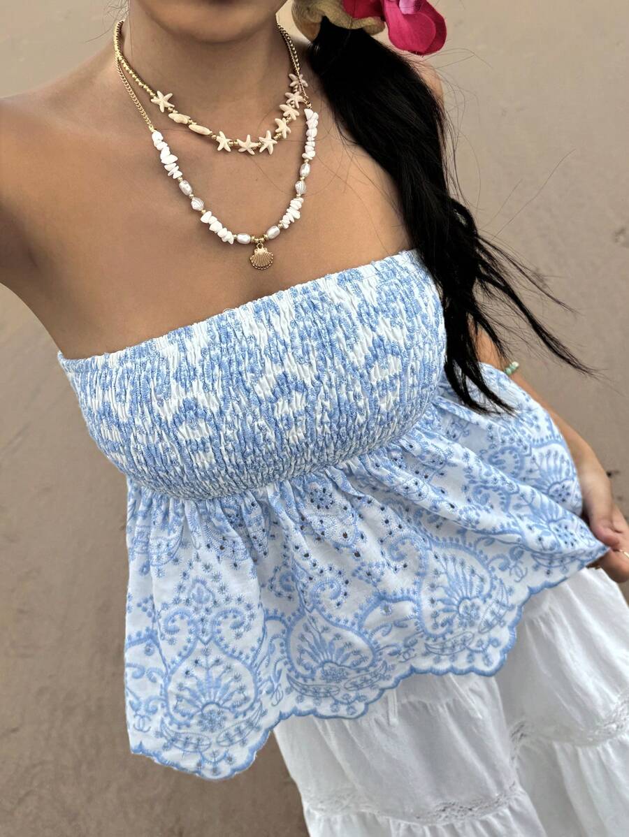 SHEIN EZwear Women Blue & White Hollow Embroidered Tube Top - Blue and White - View 1