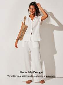 LUVLETTE 柔软透气 100% 纯棉褶皱白色短袖纽扣上衣和裤子,轻盈透气的睡衣套装,时尚休闲舒适,裤子带口袋,可作内衣外穿,新娘内衣及睡衣穿着。 - 白色 - 查看 7