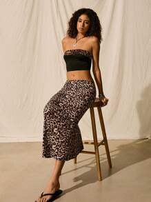 Easelle 女士時尚褶皺腰豹紋人魚裙 - 棕色 - 查看 7