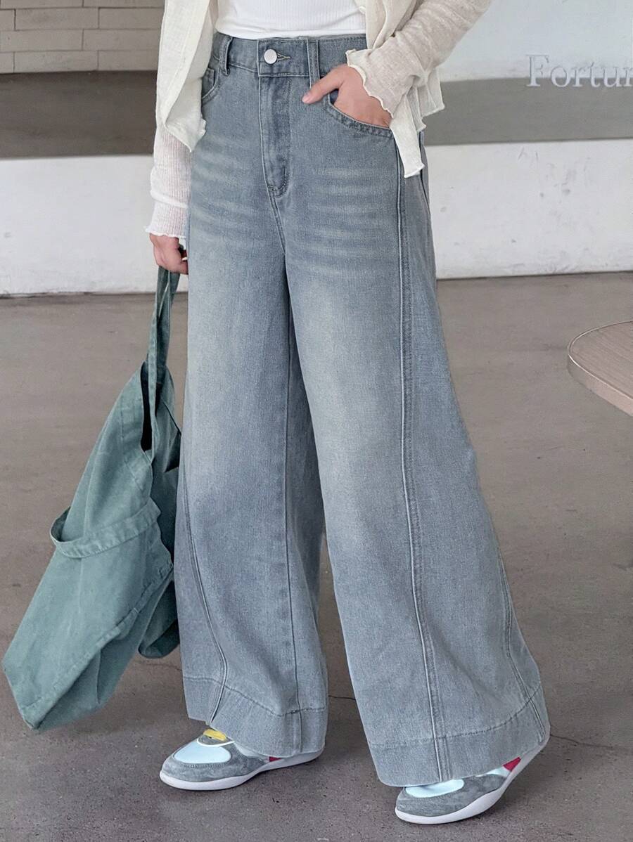 Dazy Kids Tween Girl Casual Distressed Wide Leg Jeans,Back To School Clothes,Fall Clothes - Medium Wash - View 1