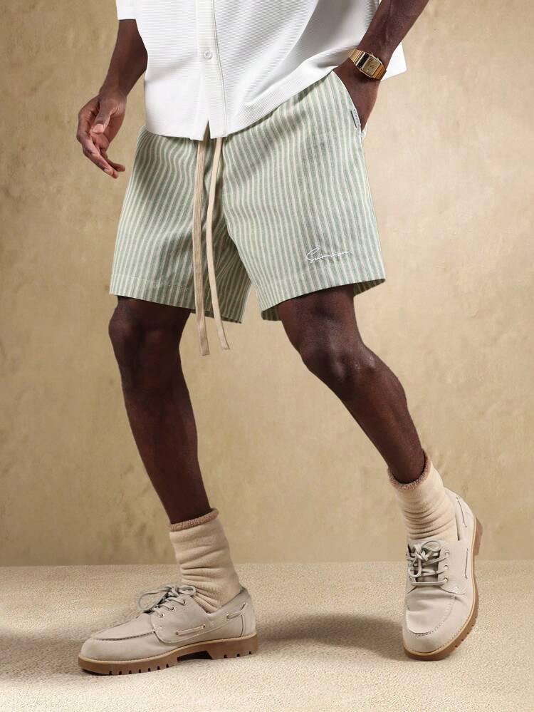 SUMWON Summer Stripe Drawstring Regular Shorts Cotton Blend Casual Athletic Bottoms With Small Brand Logo Embroidery Spring Beach Lounge Essential