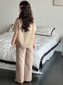 DAZY Conjunto de pijama de unicolor con bordado y mangas cortas para niña preadolescente - Caqui - Ver 6