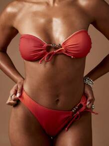 MISSGUIDED Bandeau Style Beach Bikini Top With Metal Ring Accent Pool Party Summer Beachwear Adjustable Side Tie Swim Top