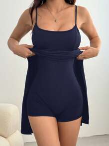 SHEIN EZwear 女士海军蓝休闲中长连衣裙，夏季